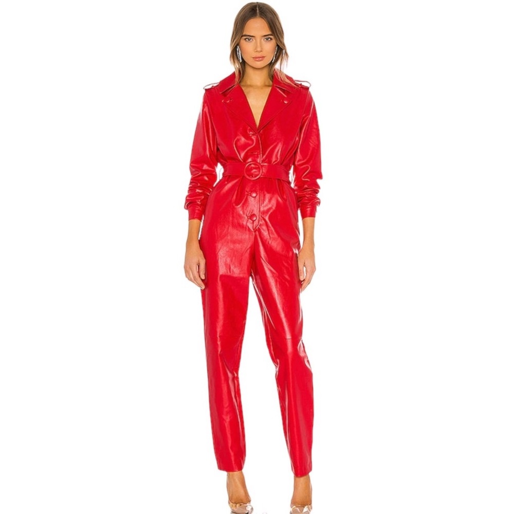 Ronny Kobo Collection Red Faux-Leather Belted Trench Jumpsuit - Picture 2 of 8
